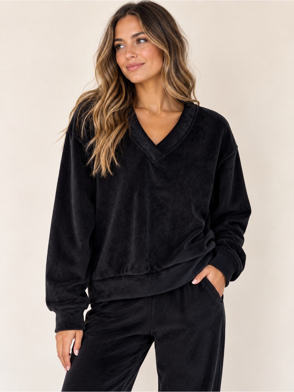 Yogalicious Dreamy Rib Coffee Run Long Sleeve Top Black Small Oversized
